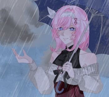 1girl bare_shoulders blue_eyes blue_sky breasts chinese_commentary cloud commentary_request dai3844152 dark_cloud elf elysia_(honkai_impact) grey_sweater hairband highres holding holding_umbrella honkai_(series) honkai_impact_3rd large_breasts long_hair looking_at_viewer outdoors pink_hair pointy_ears rain red_skirt skirt sky solo sweater umbrella very_long_hair white_hairband