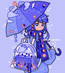 Rule 34 | 1girl, bag charm, blue background, blue bag, blue clouds, blue eyes, blue hair, blue scarf, blue sweater, blue theme, blue umbrella, charm (object), cloud, constellation, crescent moon, emily kim, from behind, full moon, gibbous moon, half moon, highres, holding, holding umbrella, liquid, looking back, moon, moon phases, original, rain, scarf, simple background, sparkle, sweater, transparent bag, twitter username, umbrella