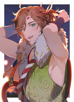 1boy :d armpits arms_up backlighting bishounen border curtained_hair ensemble_stars! fang green_eyes half_updo headband highres light_brown_hair looking_at_viewer male_focus mikejima_madara open_mouth outside_border pectorals ponytail sheesixp short_ponytail side_part sidepec sideways_glance sleeveless smile striped_headband subsurface_scattering teeth tongue upper_body upper_teeth_only white_border