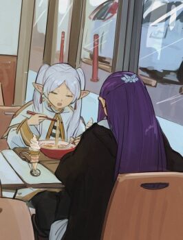 2girls alternate_universe car contemporary dress eating elf fern_(sousou_no_frieren) food frieren from_behind higemu highres ice_cream long_hair long_sleeves motor_vehicle multiple_girls noodles pointy_ears purple_hair ramen restaurant sitting sousou_no_frieren twintails