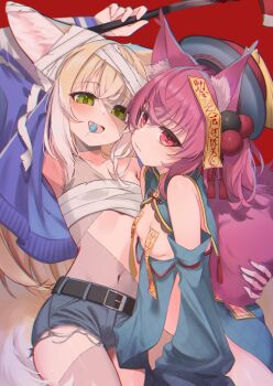 2girls absurdres alternate_costume animal_ears arknights bandages blonde_hair blue_dress blue_sleeves breasts chinese_clothes detached_sleeves dress flat_chest fox_ears fox_girl halloween hat highres jiangshi loli lollipop_in_mouth looking_at_viewer multiple_girls ofuda open_mouth qingdai_guanmao red_eyes shamare_(arknights) small_breasts smile suzuran_(arknights) yakurope-moko
