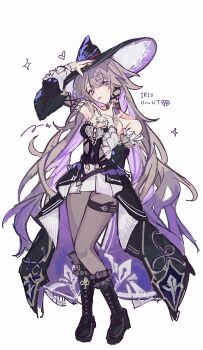 1girl arm_up bare_shoulders black_shoes black_thighhighs commentary_request dress english_text hair_ornament hand_up herta_(honkai:_star_rail) highres honkai:_star_rail honkai_(series) jewelry key key_necklace long_hair looking_at_viewer multicolored_hair nail_polish necklace nonoko_(nocnnc_0228) purple_eyes shoes standing the_herta_(honkai:_star_rail) thighhighs tongue tongue_out very_long_hair