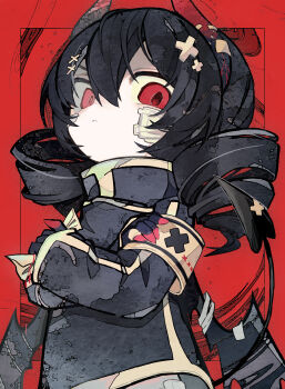 1girl absurdres armband black_hair closed_mouth crossed_arms demon_girl demon_horns demon_tail drill_hair gauze gauze_on_cheek grey_jacket hair_between_eyes hair_ornament high_collar highres horns jacket long_hair long_sleeves looking_at_viewer original red_background red_eyes solo soresaki tail twin_drills upper_body variant_set x_hair_ornament