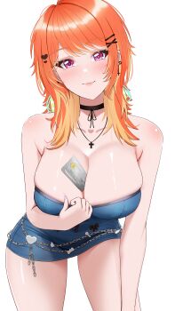 1girl absurdres armpit_crease bare_shoulders between_breasts black_choker blue_dress breasts card card_between_breasts choker closed_mouth collarbone credit_card cross cross_necklace dadangge dress hair_ornament hairclip heart heart_hair_ornament highres hololive hololive_english jewelry large_breasts leaning_forward looking_at_viewer necklace off-shoulder_dress off_shoulder official_alternate_costume orange_hair purple_eyes short_dress simple_background smile solo strapless strapless_dress takanashi_kiara tasty_(takanashi_kiara) thighs virtual_youtuber white_background