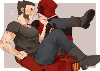 2boys arm_hair beard black_gloves black_shirt blue_pants blush bodysuit boots brown_hair chest_hair commentary deadpool deadpool_&amp;_wolverine deadpool_(series) denim facial_hair full-face_blush gloves green_eyes hand_on_another's_face height_difference jeans licking licking_hand looking_at_another male_focus marvel marvel mask mask_lift multiple_boys muscular muscular_male pants pectorals puff_of_air red_bodysuit red_mask shirt short_hair short_sleeves sitting sitting_on_person superhero_costume symbol-only_commentary tongue tongue_out wolverine_(x-men) wonpese x-men yaoi