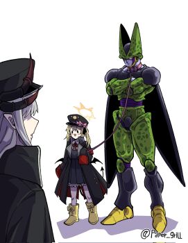 1boy 2girls black_wings blonde_hair blue_archive blush_stickers boots cell_(dragon_ball) coat commentary_request crossed_arms demon_girl demon_horns demon_tail demon_wings dragon_ball dragonball_z glowing glowing_eyes grey_hair halo hat highres holding holding_leash horns ibuki_(blue_archive) korean_commentary leash long_hair looking_at_another makoto_(blue_archive) multiple_girls multiple_horns open_clothes open_coat open_mouth peaked_cap perfect_cell pointy_ears ribbon simple_background sleeves_past_fingers sleeves_past_wrists tail twitter_username wings yellow_boots yellow_halo yubusushi