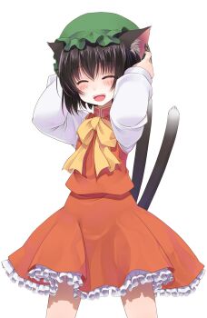 Rule 34 | 1girl, :d, ^ ^, animal ear fluff, animal ears, arms behind head, arms up, blush, bow, brown hair, cat ears, cat girl, cat tail, chen, closed eyes, commentary request, cowboy shot, crote, facing viewer, frilled skirt, frills, green hat, hat, highres, large variant set, legs apart, long sleeves, mob cap, multiple tails, nekomata, open mouth, petticoat, raised eyebrows, red skirt, red vest, shirt, short hair, skirt, sleeve cuffs, sleeves past wrists, smile, standing, tachi-e, tail, teeth, touhou, transparent background, two tails, upper teeth only, variant set, vest, white shirt, yellow bow