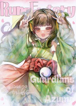 Rule 34 | 1girl, aqlio, black hair, commentary request, flower, green kimono, hair flower, hair ornament, highres, japanese clothes, kimono, long sleeves, looking at viewer, open mouth, red eyes, rune factory, rune factory: guardians of azuma, smile, solo, suzu (rune factory), twintails, wide sleeves