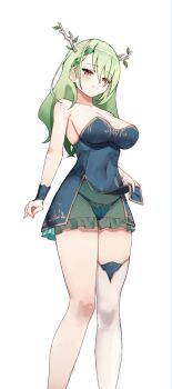 1girl antlers arm_at_side bare_shoulders blue_dress blue_panties braid braided_bangs branch breasts cameltoe ceres_fauna ceres_fauna_(1st_costume) closed_mouth clothes_lift covered_navel dress dress_lift feet_out_of_frame green_hair hair_between_eyes highres hololive hololive_english horns large_breasts leaf lifting_own_clothes light_blush light_smile long_hair looking_at_viewer mole mole_under_eye panties see-through_clothes see-through_dress simple_background single_thighhigh skaarl_(artist) solo split_mouth standing strapless strapless_dress thighhighs underwear virtual_youtuber white_background white_thighhighs yellow_eyes