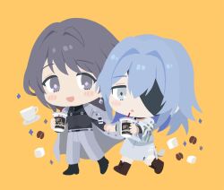 Rule 34 | 2girls, black bandages, black footwear, black hair, black shirt, blue hair, brown footwear, chest strap, chibi, chief (path to nowhere), coat, coat on shoulders, commentary, cup, drink, drinking straw, earrings, eyepatch, female chief (path to nowhere), full body, grey coat, grey eyes, grey pants, grey shirt, grey skirt, hecate (path to nowhere), highres, holding, holding drink, jewelry, long hair, long sleeves, multiple girls, no lineart, one eye covered, open mouth, orange background, pants, path to nowhere, sappazell, saucer, shirt, simple background, skirt, smile, sugar cube, symbol-only commentary, teacup