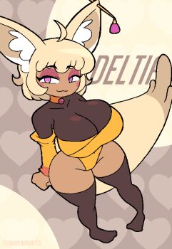 :3 ahoge animal_ears animated animated_gif black_thighhighs breasts choker detached_sleeves fox_ears fox_girl fox_tail highres large_breasts original pink_eyes quarium short_hair tail thick_thighs thighhighs thighs wide_hips