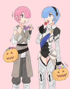 Rule 34 | 2girls, black gloves, blue eyes, blue hair, candy, cosplay, costume, female corrin (fire emblem), female corrin (fire emblem) (cosplay), female focus, fire emblem, fire emblem fates, food, gloves, hair over one eye, halloween, halloween bucket, halloween costume, highres, jack-o'-lantern, lollipop, matching hair/eyes, multiple girls, nintendo, pink eyes, pink hair, ram (re:zero), re:zero kara hajimeru isekai seikatsu, rem (re:zero), rey (star wars), rey (star wars) (cosplay), siblings, sisters, standing, star wars, tikoriko, twins