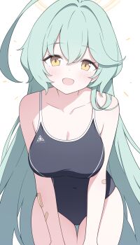1girl :d abydos_high_school_logo abydos_high_school_swimsuit ahoge aqua_hair bandaid bandaid_on_arm bare_shoulders black_one-piece_swimsuit blue_archive blush breasts chinese_commentary cleavage collarbone commentary covered_navel cowboy_shot hair_between_eyes halo highres huge_ahoge jyt large_breasts leaning_forward long_hair looking_at_viewer making-of_available official_alternate_costume one-piece_swimsuit open_mouth school_swimsuit sidelocks simple_background smile solo spaghetti_strap swimsuit thigh_gap very_long_hair white_background yellow_eyes yellow_halo yume_(blue_archive)