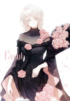 1girl black_dress bouquet character_name commentary_request dress faust_(project_moon) flower highres holding holding_bouquet limbus_company medium_hair official_alternate_costume petals pink_flower pink_rose project_moon rose see-through_clothes see-through_dress solo white_background white_hair yuemiao