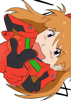 Rule 34 | 1girl, :o, artist request, blue eyes, blush, bodysuit, border, breasts, brown hair, cowboy shot, hand on own hip, highres, lips, mecha pilot suit, neon genesis evangelion, plugsuit (evangelion), pointing, pointing at viewer, red bodysuit, shiny clothes, simple background, skin tight, solo, souryuu asuka langley, tsundere, two side up, white background, white border, wide hips