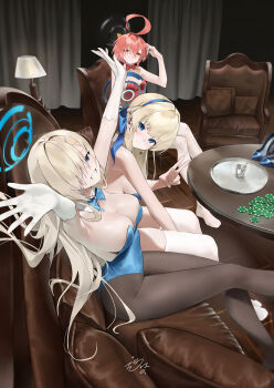 3girls absurdres ahoge armpits asuna_(blue_archive) asuna_(bunny)_(blue_archive) bare_legs barefoot black_halo black_pantyhose blonde_hair blue_archive blue_bow blue_bowtie blue_eyes blue_halo blue_leotard blush bow bowtie braid breasts closed_mouth commentary elbow_gloves gloves grin hair_bow half_up_braid halo highres huge_ahoge large_breasts leotard long_hair looking_at_viewer mole mole_on_breast multiple_girls neru_(blue_archive) neru_(bunny)_(blue_archive) no_shoes not_forever2w official_alternate_costume official_alternate_hairstyle outstretched_arms pantyhose red_bow red_bowtie red_eyes red_hair red_leotard short_hair single_braid sitting small_breasts smile spread_arms symbol-only_commentary thighhighs toki_(blue_archive) toki_(bunny)_(blue_archive) very_long_hair white_gloves white_thighhighs