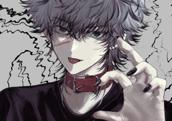 1boy animal_collar black_eyes black_nails black_shirt collar commentary_request fingernails grey_background grey_hair hair_between_eyes hand_up looking_at_viewer male_focus nail_polish object_on_tongue open_mouth original portrait red_collar sahi00000 shirt short_hair solo tongue tongue_out