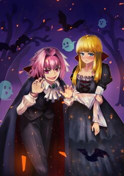 Rule 34 | 1boy, 1other, absurdres, alternate costume, androgynous, ascot, astolfo (fate), bat (animal), black bow, black cloak, black dress, blonde hair, blue eyes, blush, bow, chevalier d'eon (fate), cloak, commentary request, dress, embers, fang, fate/apocrypha, fate (series), feet out of frame, floating embers, ghost, hair bow, hair intakes, halloween costume, high collar, highres, keka (user sgch4854), long hair, male focus, multicolored hair, open mouth, pink hair, purple eyes, skin fang, smile, streaked hair, two-sided cloak, two-sided fabric, vampire costume, white hair