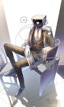 1other absurdres black_shoes brown_coat brown_pants brown_vest chair coat collared_shirt commentary_request commission computer computer_keyboard computer_tower full_body gloves heart highres hoshi_mori no_eyes no_mouth no_nose on_table original pants shirt shoes signature sitting solo spoken_heart table thank_you vest white_gloves white_shirt