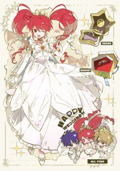 Rule 34 | 1girl, 2boys, @ @, absurdres, aged up, blonde hair, blue hair, bow, bowtie, bridal veil, bride, bright (futagohime), character name, chibi, choker, collarbone, dress, elbow gloves, english text, fine (futagohime), floating clothes, floating hair, formal clothes, frilled dress, frilled gloves, frilled veil, frills, fushigiboshi no futago hime, gloves, gold tiara, gown, groom, hair bow, happy wedding, heart, heart choker, hetero, high heels, highres, humi humi, husband and wife, long dress, long hair, low-tied long hair, multiple boys, multiple views, parted bangs, picture frame, polyamory, red hair, robe, see-through clothes, see-through veil, shade (futagohime), shoes, short hair, sleeveless, sleeveless dress, sparkle, suit, tuxedo, veil, very long hair, wedding dress, white background, white bow, white bowtie, white dress, white gloves, white robe, white shoes, white suit, yellow choker