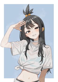 1girl absurdres black_hair blue_bra border bra bra_visible_through_clothes choker commentary_request grin highres lida_(pokemon) long_hair looking_at_viewer navel nintendo outside_border pokemon pokemon_legends:_z-a ponpokotanutan1 shirt short_sleeves smile solo steam sweat t-shirt tied_shirt topknot underwear wet wet_clothes white_border white_choker white_shirt