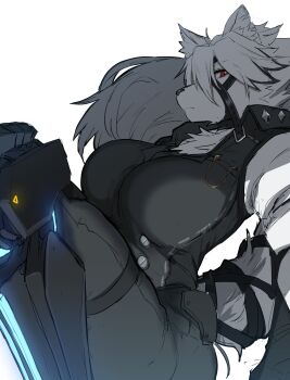 1girl animal_ears animal_nose black_pants breasts closed_mouth commentary_request furry furry_female genderswap genderswap_(mtf) glowing gomio_(bb-k) hair_over_one_eye highres large_breasts long_hair mechanical_legs pants red_eyes sideways_glance simple_background snout solo strap tail tail_wrap von_lycaon white_background white_hair wolf_ears wolf_girl wolf_tail zenless_zone_zero