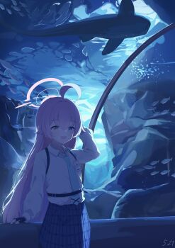 1girl absurdres ahoge aquarium black_gloves black_skirt blue_archive blue_eyes blue_necktie blue_theme blush collared_shirt commentary fingerless_gloves fish gloves hair_between_eyes halo heterochromia highres hoshino_(blue_archive) long_hair looking_at_viewer necktie open_mouth pink_hair pink_halo plaid_clothes plaid_skirt shirt skirt solo very_long_hair white_shirt yellow_eyes yydata1