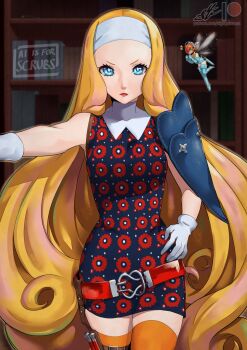 2girls armor belt blonde_hair blue_eyes bookshelf closed_mouth commentary dress eightyfourart fairy fairy_wings floral_print floral_print_dress gallica_(metaphor:_refantazio) gloves hairband hand_on_own_hip highres indoors junah_(metaphor:_refantazio) kabedon kabedon_on_viewer lips long_hair metaphor:_refantazio multiple_girls orange_hair orange_thighhighs pauldrons pov print_dress red_belt red_lips short_hair shoulder_armor single_pauldron size_difference sleeveless sleeveless_dress thighhighs very_long_hair white_gloves white_hairband wings