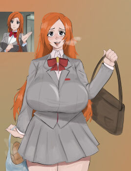 1girl alternate_eye_color bag bleach bread breasts commentary english_commentary female_focus food grey_eyes handbag inoue_orihime karakura_high_school_uniform large_breasts long_hair orange_hair photo-referenced sagging_breasts school_uniform simple_background skirt turtlesweater