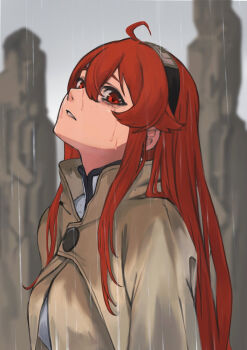 1girl ahoge black_hairband commentary_request crying crying_with_eyes_open eris_greyrat grey_cloak hair_between_eyes hairband highres kurogoma183 long_hair looking_at_viewer mushoku_tensei outdoors parted_lips rain red_eyes red_hair solo tears upper_body wet wet_clothes