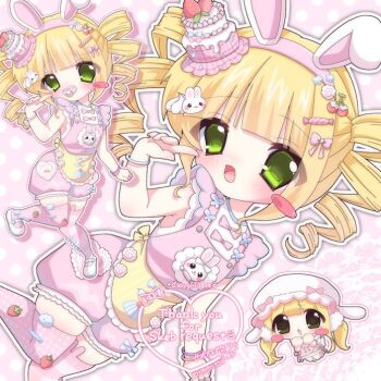 1girl animal_ear_legwear animal_hair_ornament apron artist_name beret blonde_hair blue_bow blush blush_stickers bow cake_hair_ornament candy_hair_ornament cherry_hair_ornament chibi chibi_inset commentary_request dot_nose drill_hair food-themed_hair_ornament full_body green_eyes hair_ornament hairband hat heart index_finger_raised narutomaki_hair_ornament open_mouth original pacifier pink_background pink_bow pink_shorts pink_thighhighs polka_dot polka_dot_thighhighs puffy_shorts rabbit_hair_ornament sandals selenium short_sleeves shorts single_blush_sticker skindentation thighhighs twin_drills white_sandals yellow_apron