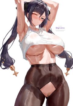 1girl absurdres alternate_breast_size_(larger) alternate_costume areola_slip arm_up armpits artist_name bandaid bandaid_on_pussy black_pantyhose blush breasts closed_mouth commentary_request covered_navel crop_top crotchless crotchless_pantyhose genshin_impact green_eyes highres igiroitsu large_breasts long_hair looking_at_viewer mona_(genshin_impact) one_eye_closed pantyhose shirt simple_background skindentation sleeveless sleeveless_shirt solo twintails underboob white_background white_shirt