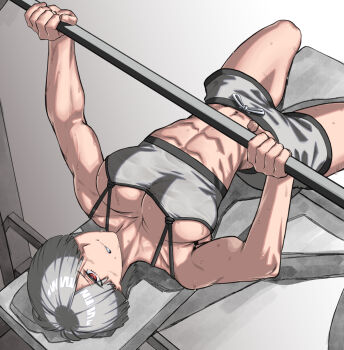 1girl abs bench_press blunt_bangs bowl_cut breasts cleavage clenched_teeth collarbone exercising female_focus from_above grey_hair grey_shorts grey_sports_bra hair_over_one_eye highres large_breasts lying muscular muscular_female on_back original red_eyes rggr short_hair short_shorts shorts solo sports_bra sweat teeth weightlifting