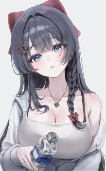 1girl absurdres ahoge bbeedol black_bra black_hair blue_eyes bottle bow bowtie bra bra_visible_through_clothes braid breasts camisole cleavage collarbone hair_ornament hairclip hashtag-only_commentary head_tilt heart heart_hair_ornament highres jacket jewelry large_breasts long_hair long_sleeves looking_at_viewer necklace off_shoulder open_mouth shirayuki_hina shirt simple_background sleeveless sleeveless_shirt smile solo spaghetti_strap stellive string_bra underwear upper_body virtual_youtuber water_bottle white_background white_jacket white_shirt