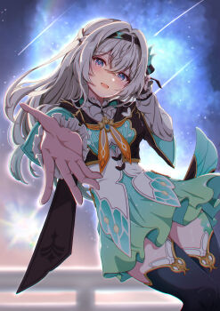 1girl absurdres black_hairband black_thighhighs blush breasts commentary_request dress fingerless_gloves firefly_(honkai:_star_rail) gloves grey_hair hair_between_eyes hair_ornament hairband highres honkai:_star_rail honkai_(series) isenooose long_hair looking_at_viewer medium_breasts neckerchief open_mouth orange_neckerchief purple_eyes reaching reaching_towards_viewer shooting_star sky smile solo thighhighs very_long_hair zettai_ryouiki