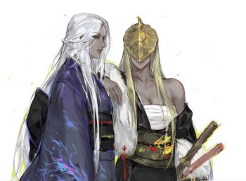 2girls adapted_costume animal_print blonde_hair breasts chest_sarashi chinese_knot cleavage commentary_request covered_eyes dark_skin dress elden_ring elden_ring_nightreign executor_(elden_ring) facing_viewer fish_print from_side fur_trim grey_eyes half_updo hand_on_another's_shoulder helmet helmet_over_eyes highres japanese_clothes jivynni katana kimono long_hair multiple_girls obi off-shoulder_dress off_shoulder purple_dress recluse_(elden_ring) sarashi sash sheath sword upper_body weapon white_background white_hair