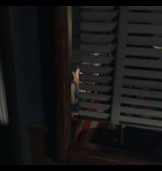 1boy 1girl 3d animated big_breasts bob_cut breasts curtains dark-skinned_male dark_skin deepthroat erection fellatio female fingerless_gloves gloves hand_on_head jill_valentine jill_valentine_(sasha_zotova) large_penis longer_than_10_seconds male moaning mouth_full_of_cock nipples office oral penis resident_evil serahnsfwart shiny_skin short_hair skull_fucking sound tagme testicles through_window video voyeur_pov