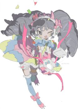 1girl ;d blue_thighhighs bow box confetti dress fang full_body fur-trimmed_thighhighs fur_trim gaaruru_(pripara) gloves grey_eyes grey_hair hair_bow headphones highres holding holding_box idol_clothes long_hair looking_at_viewer namoku_(namottttt) one_eye_closed open_mouth paw_shoes pink_bow pink_dress pink_gloves pretty_series pripara puffy_short_sleeves puffy_sleeves short_sleeves simple_background smile solo standing standing_on_one_leg thighhighs twintails white_background