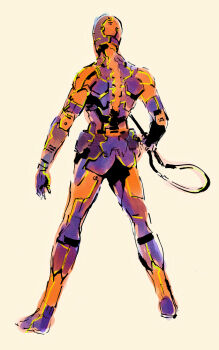 1boy armor cyborg faceplate from_behind full_body gray_fox_(metal_gear) helmet highres holding holding_sword holding_weapon legs_apart male_focus mechanical_spine metal_gear_(series) metal_gear_solid ninja official_art portrait power_suit science_fiction shinkawa_youji signature simple_background solo sword weapon white_background