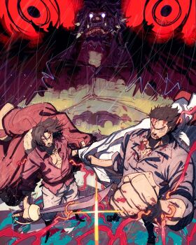 3boys beard_stubble black_hair bleeding blood commentary english_commentary facial_hair glaring glowing glowing_eyes gol_d._roger hat hat_on_back highres holding holding_sword holding_weapon imu_(one_piece) monkey_d._garp multiple_boys one_piece possessed possession removing_coat rocks_d._xebec scar scar_on_face serious spoilers straw_hat stubble sword taku_(aywakutakuay) tusks weapon