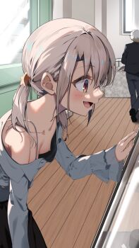 1boy 1girl accidental_exposure bare_shoulders blush breasts breasts_out collarbone downblouse fate/kaleid_liner_prisma_illya fate_(series) hair_between_eyes hair_ornament highres illyasviel_von_einzbern loli long_sleeves medium_hair nipple_slip nipples no_bra open_mouth pei_iriya red_eyes skirt small_breasts smile solo_focus white_hair