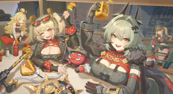 4girls absurdres aoaoaoao_(baiyanheibing) blonde_hair boar breasts brown_eyes burnice_white caesar_king_(zenless_zone_zero) cleavage combat_helmet cup diner disposable_cup drinking_straw eyewear_on_head flamethrower food gloves goggles goggles_around_neck green_eyes grey_hair helmet highres holding holding_skewer ketchup_bottle large_breasts luciana_de_montefio midriff multiple_girls navel one_eye_closed pickelhaube piper_wheel prosthesis prosthetic_arm red_eyes salt_shaker sandwich shield side_ponytail skewer sparkling_eyes sunglasses twintails weapon zenless_zone_zero