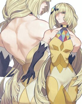 1girl abs absurdres andrich_galam back bare_shoulders black_gloves blonde_hair blunt_bangs commentary dress elbow_gloves english_commentary gloves green_eyes hair_ornament hair_over_one_eye highres long_hair looking_at_viewer lusamine_(pokemon) lusamine_(sygna_suit)_(pokemon) multicolored_dress multiple_views nintendo open_mouth parted_lips pokemon pokemon_masters_ex profile solo very_long_hair white_background yellow_dress