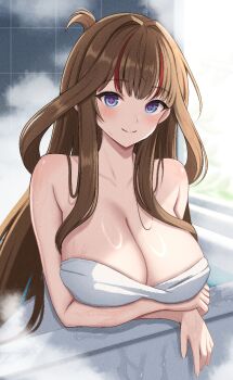 1girl arms_under_breasts bare_arms bare_shoulders bath bathing bathroom blue_eyes blurry blurry_background blush breast_rest breasts brown_hair cleavage closed_mouth collarbone commentary_request day flower-shaped_pupils hair_intakes indoors large_breasts long_hair looking_at_viewer marvelous multicolored_hair naked_towel paid_reward_available partially_submerged red_hair senran_kagura senran_kagura_new_link sidelocks smile solo steam streaked_hair surippa1010 symbol-shaped_pupils toki_(senran_kagura) towel two-tone_hair upper_body very_long_hair water wet window