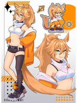 1girl ahoge animal_ear_fluff animal_ears arknights asymmetrical_legwear belt black_choker black_shorts black_socks black_thighhighs blonde_hair blyskawica_(flandre5carlet) breasts chibi choker collar commission commissioner_upload crop_top denim denim_shorts facial_scar green_eyes hair_between_eyes highres horse_ears horse_girl horse_tail infection_monitor_(arknights) jacket jacket_partially_removed long_hair long_sleeves looking_at_viewer maromichan material_growth medium_breasts midriff multiple_views navel non-web_source off_shoulder open_clothes open_jacket orange_jacket original oripathy_lesion_(arknights) ponytail scar scar_on_cheek scar_on_face scar_on_shoulder scarf second-party_source shirt shoes short_shorts shorts smile sneakers socks spiked_collar spikes squatting tail thighhighs white_scarf white_shirt wide_sleeves