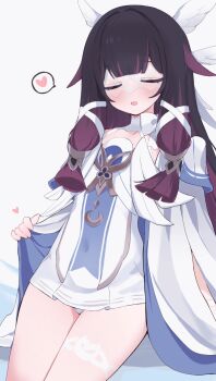 1girl black_hair closed_eyes columbina_(genshin_impact) commentary dress eye_mask flat_chest genshin_impact gradient_hair heart highres hone_kawa mask multicolored_hair open_mouth panties pantyshot purple_hair short_dress simple_background solo speech_bubble spoken_heart underwear white_background white_dress white_mask white_panties white_wings wings