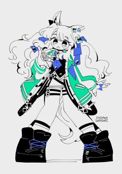 1girl absurdres animal_ears artist_name engawa_(engawagorigori) full_body green_jacket hand_up highres horse_ears horse_girl horse_tail jacket legs_apart long_sleeves open_clothes open_jacket open_mouth shoelaces shoes simple_background solo spot_color standing tail tosen_jordan_(umamusume) umamusume