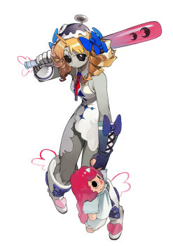 Rule 34 | 1girl, absurdres, baseball bat, black sclera, blonde hair, bow, colored sclera, colored skin, commentary, grey skin, hair bow, highres, holding, holding baseball bat, linween, original, raggedy ann, simple background, solo, symbol-only commentary, white background