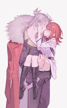Rule 34 | 1boy, 1girl, absurdres, ahoge, carrying, coat, coat on shoulders, dress, fate/grand order, fate (series), fomnant, formal clothes, fujimaru ritsuka (female), fujimaru ritsuka (female) (decisive battle chaldea uniform), fur-trimmed coat, fur trim, grey eyes, grey hair, half updo, highres, jacket, medium hair, orange eyes, orange hair, pinstripe jacket, pinstripe pattern, pinstripe suit, princess carry, red coat, short hair, suit, takeda shingen (fate), takeda shingen (first ascension) (fate), two-sided coat, two-sided fabric, white dress, white jacket