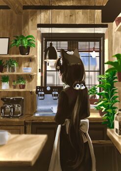 1girl absurdres black_hair cafe coffee_grinder coffee_maker commentary_request from_behind highres indoors inui_toko kitchen meanstreet nijisanji plant ponytail potted_plant solo virtual_youtuber window bad_tag wooden_ceiling wooden_wall